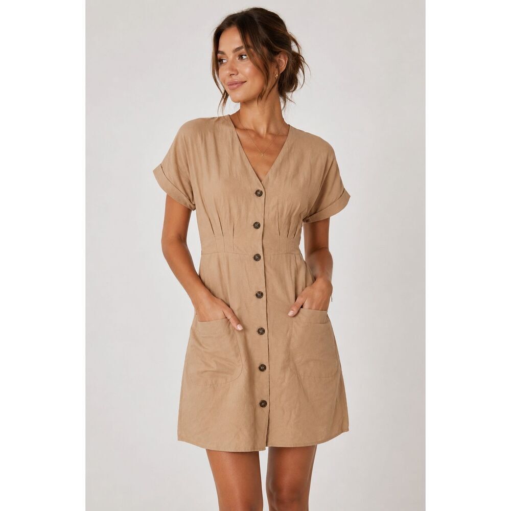 Zara Beige Button Front Mini Dress Pockets Short Sleeve Women’s XS